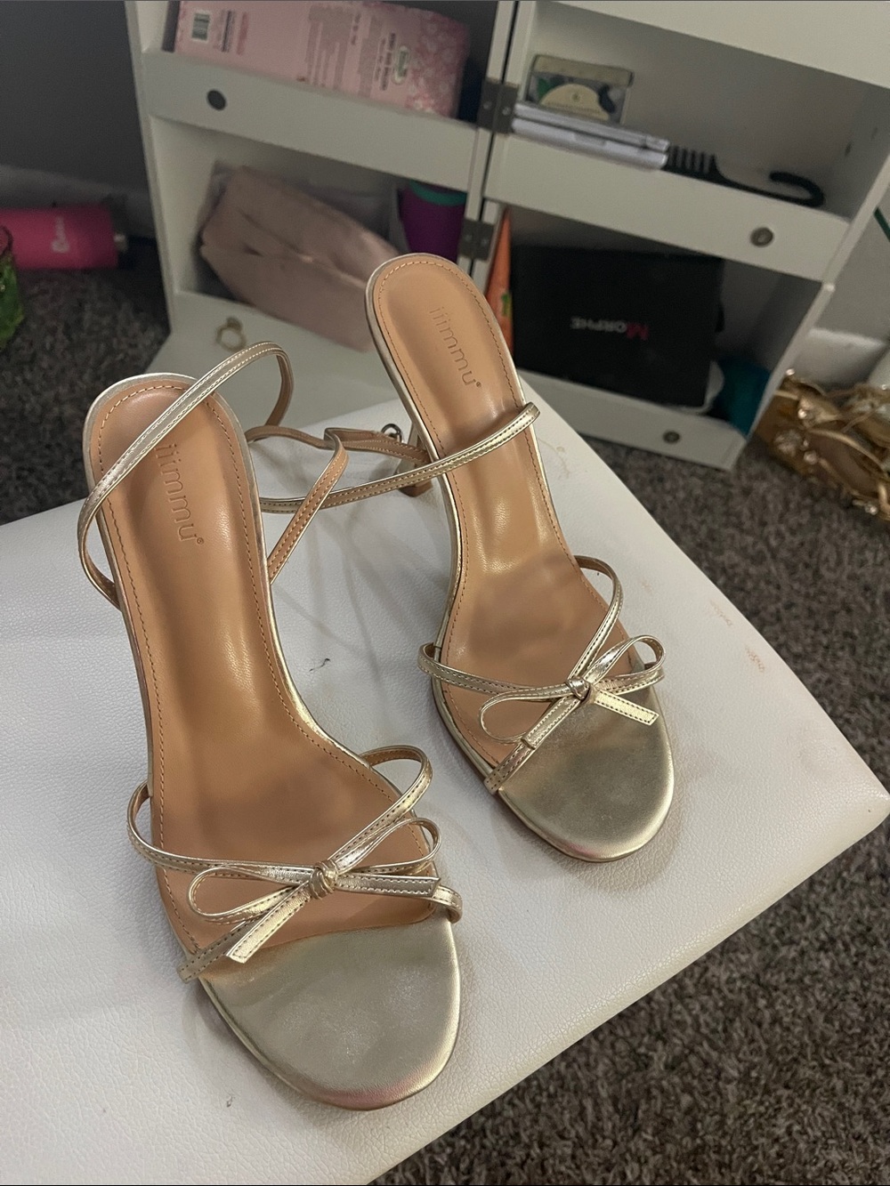 Bow-Accent Metallic Gold Strappy Heels